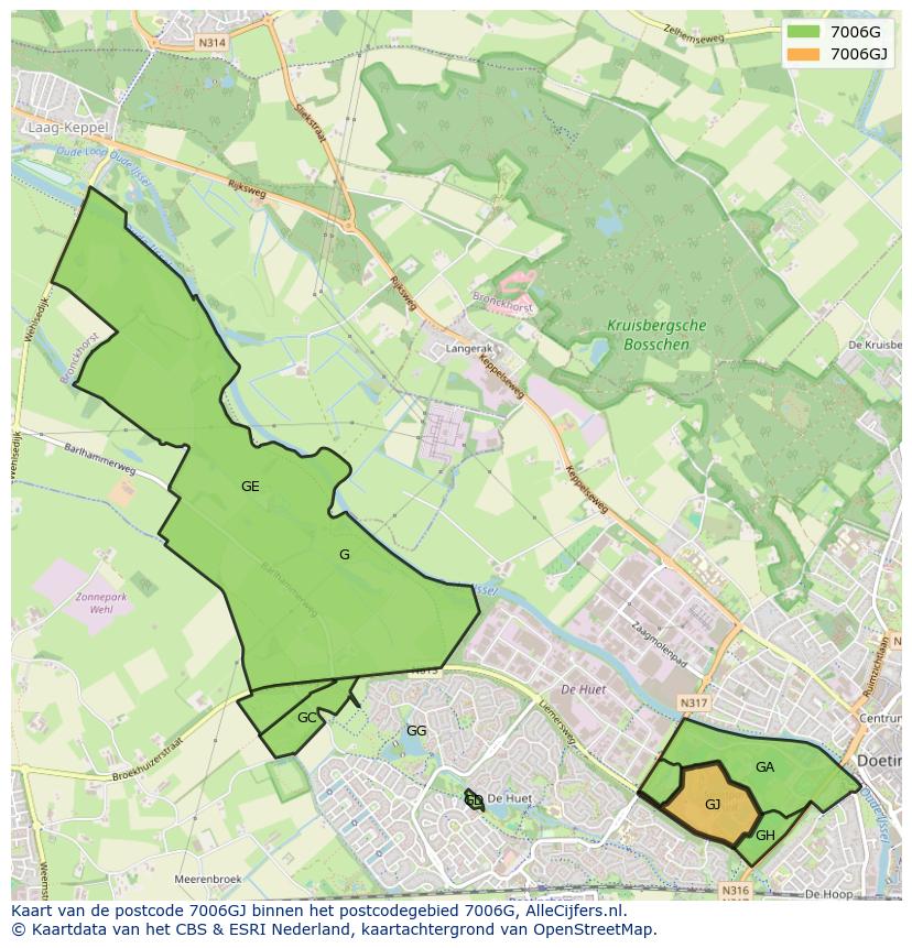 Afbeelding van het postcodegebied 7006 GJ op de kaart.