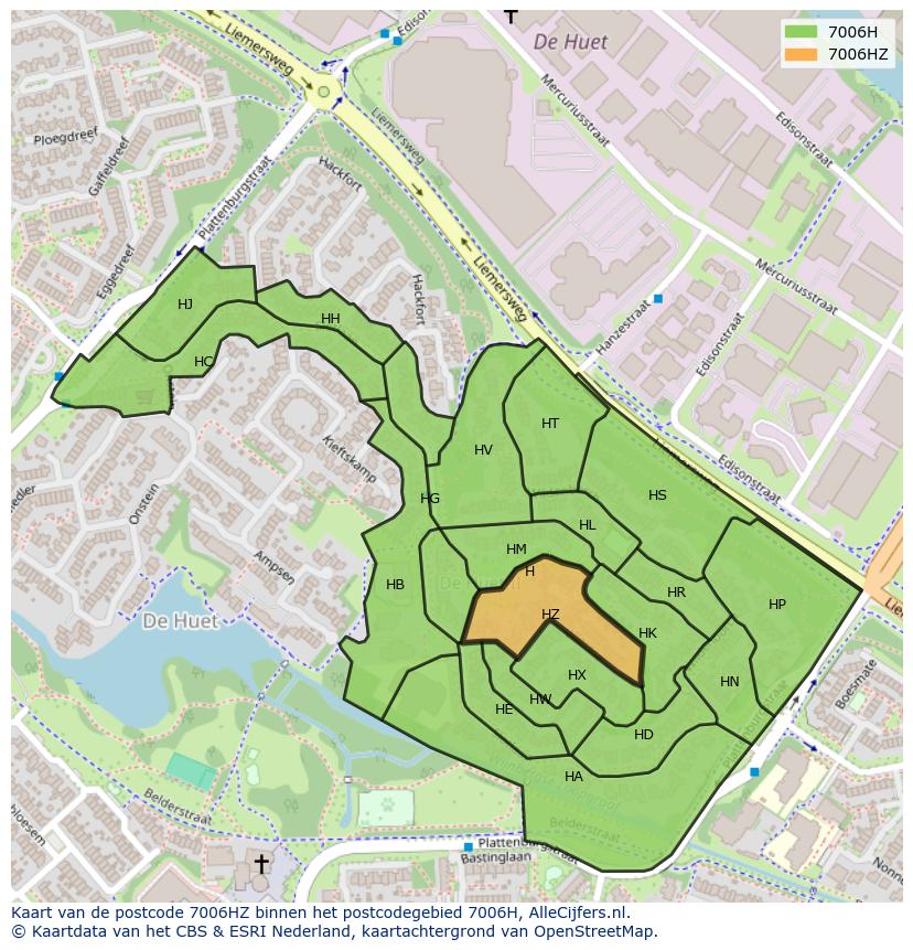 Afbeelding van het postcodegebied 7006 HZ op de kaart.
