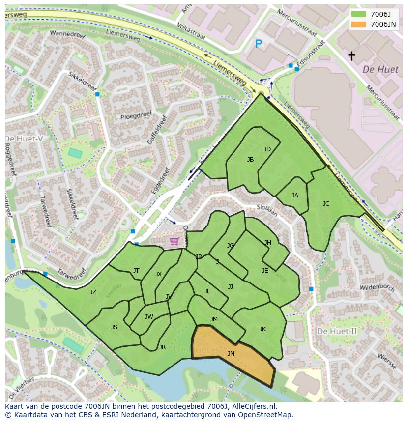 Afbeelding van het postcodegebied 7006 JN op de kaart.