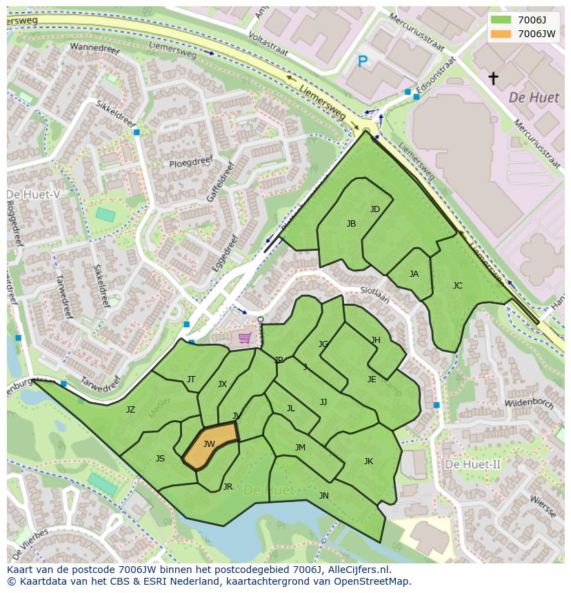 Afbeelding van het postcodegebied 7006 JW op de kaart.