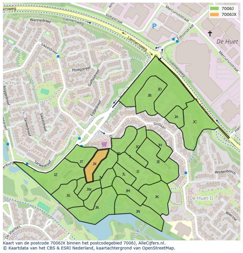 Afbeelding van het postcodegebied 7006 JX op de kaart.