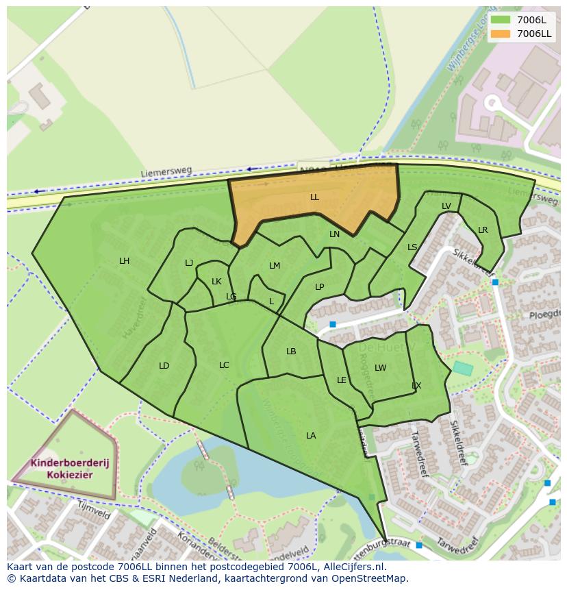 Afbeelding van het postcodegebied 7006 LL op de kaart.