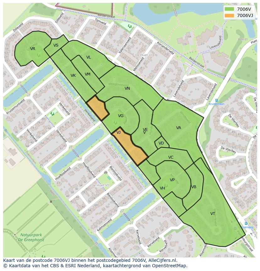Afbeelding van het postcodegebied 7006 VJ op de kaart.