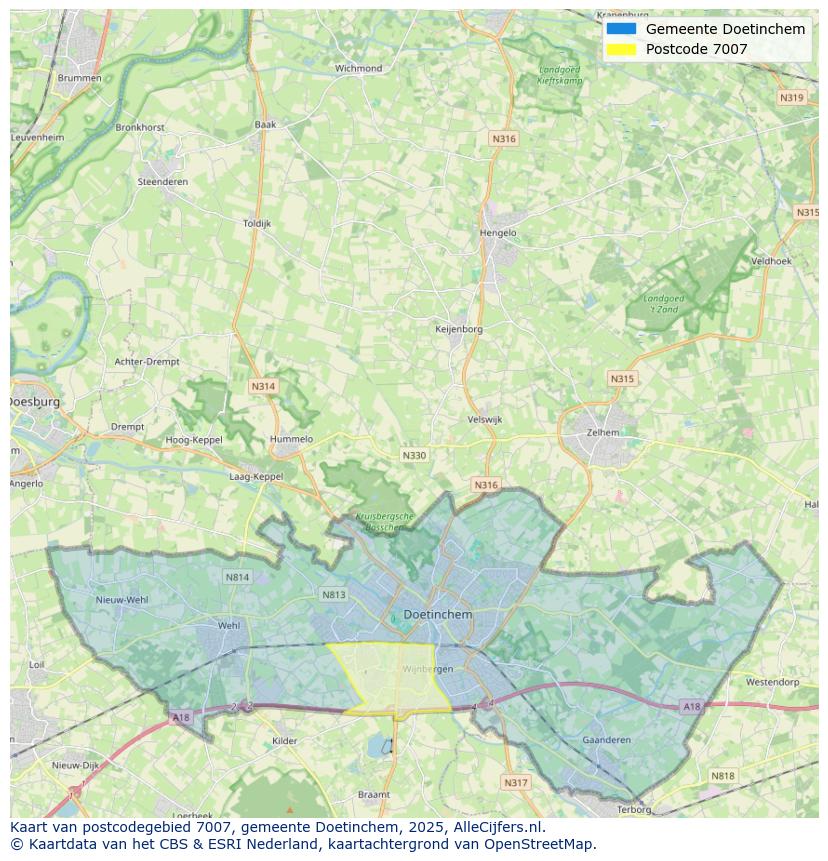 Afbeelding van het postcodegebied 7007 op de kaart.