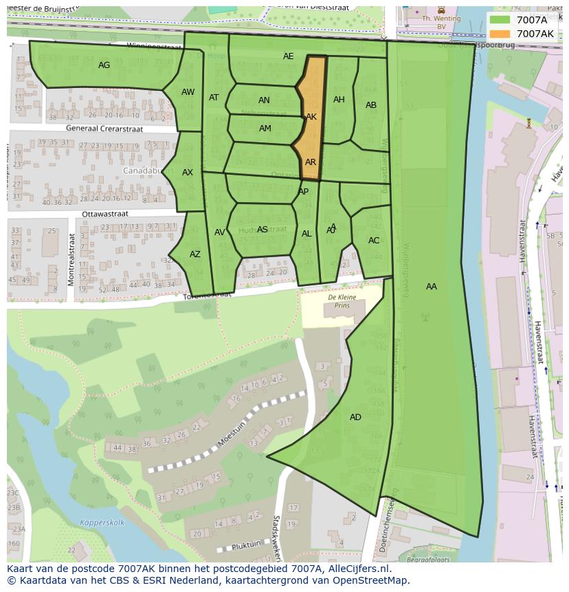 Afbeelding van het postcodegebied 7007 AK op de kaart.