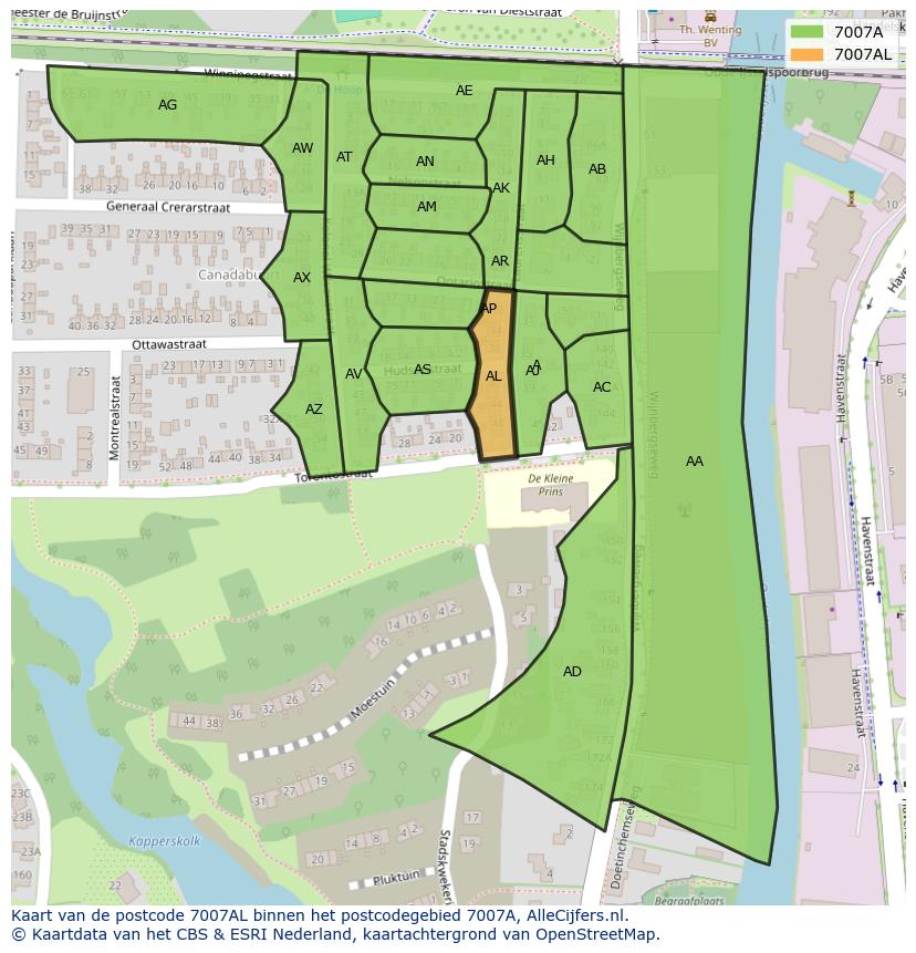 Afbeelding van het postcodegebied 7007 AL op de kaart.