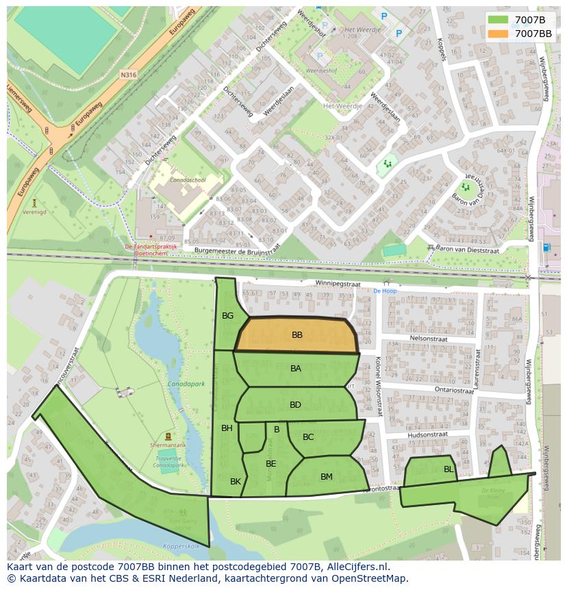 Afbeelding van het postcodegebied 7007 BB op de kaart.