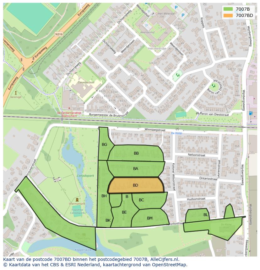 Afbeelding van het postcodegebied 7007 BD op de kaart.