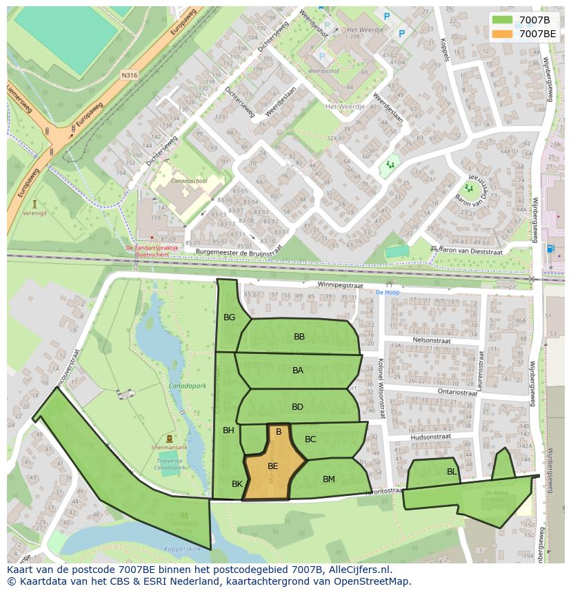 Afbeelding van het postcodegebied 7007 BE op de kaart.