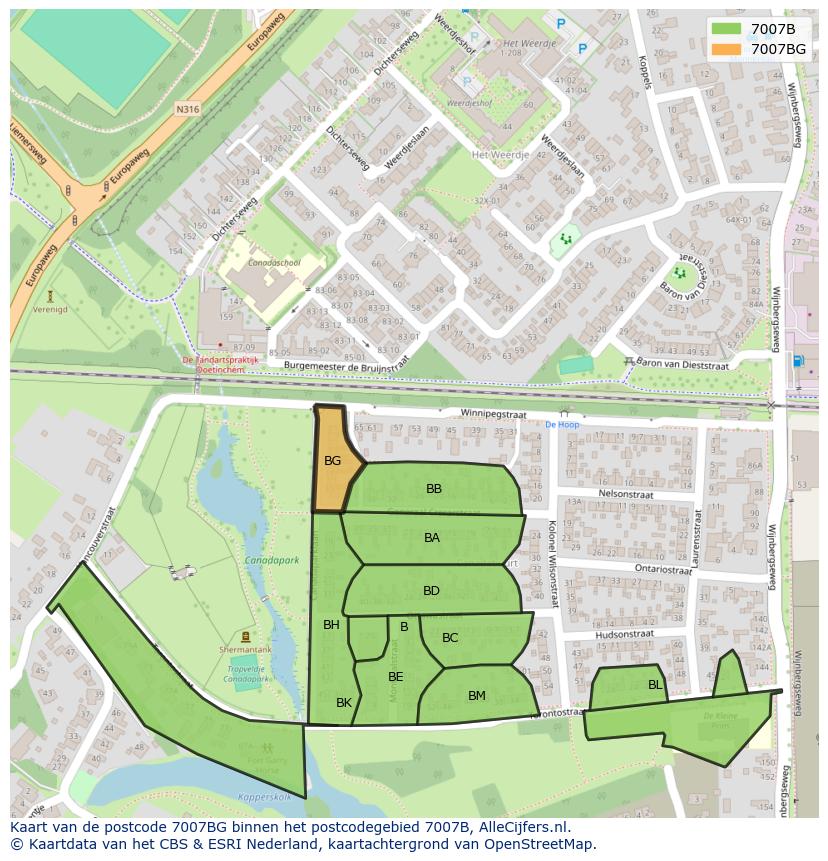 Afbeelding van het postcodegebied 7007 BG op de kaart.