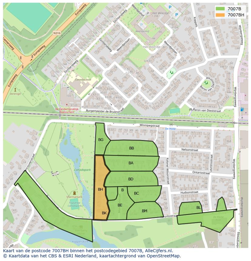 Afbeelding van het postcodegebied 7007 BH op de kaart.