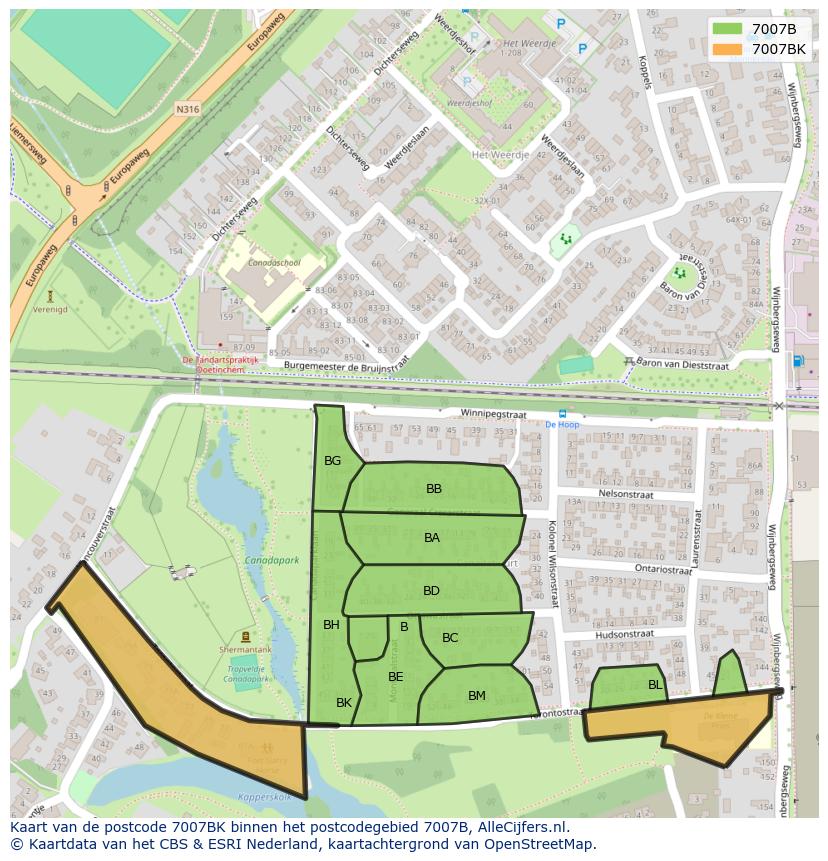 Afbeelding van het postcodegebied 7007 BK op de kaart.