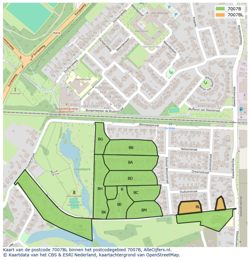 Afbeelding van het postcodegebied 7007 BL op de kaart.