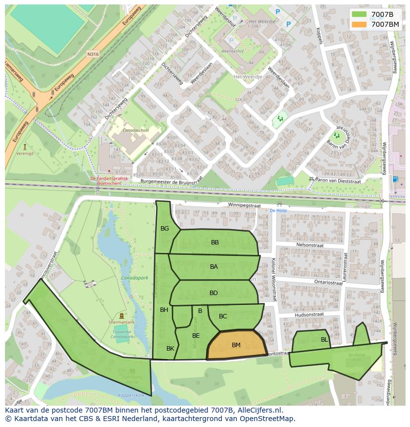 Afbeelding van het postcodegebied 7007 BM op de kaart.