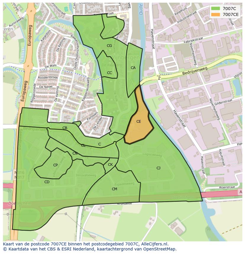 Afbeelding van het postcodegebied 7007 CE op de kaart.