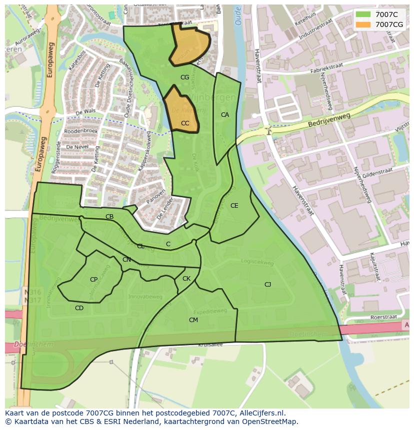 Afbeelding van het postcodegebied 7007 CG op de kaart.