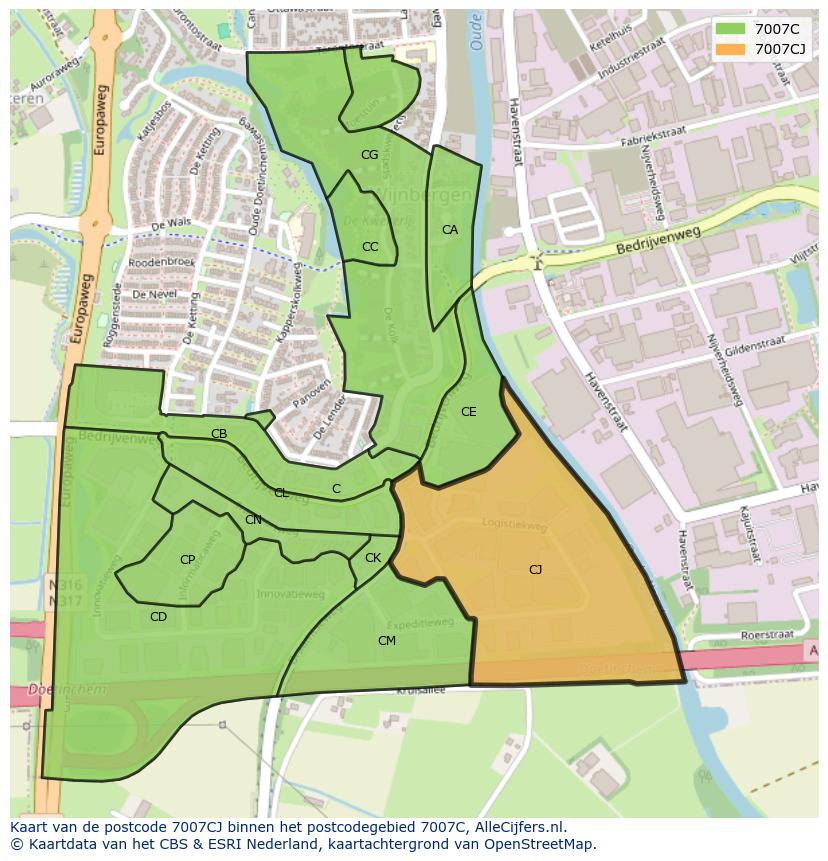 Afbeelding van het postcodegebied 7007 CJ op de kaart.