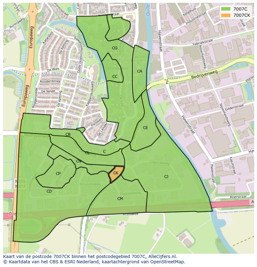 Afbeelding van het postcodegebied 7007 CK op de kaart.