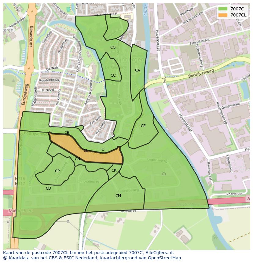 Afbeelding van het postcodegebied 7007 CL op de kaart.