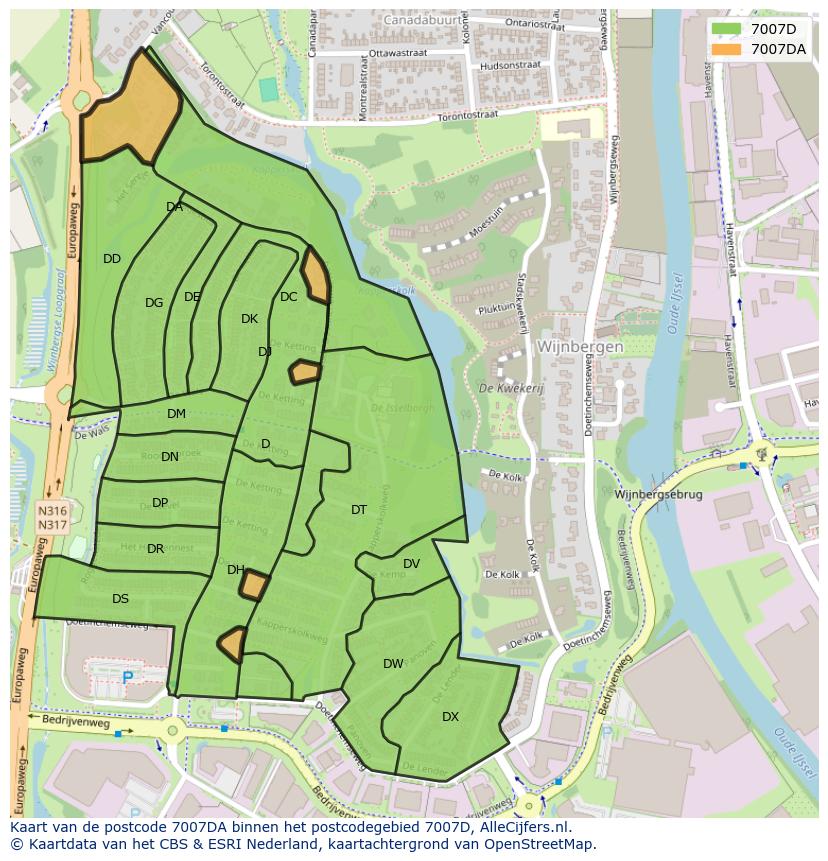 Afbeelding van het postcodegebied 7007 DA op de kaart.