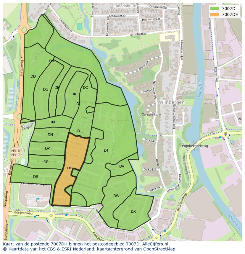 Afbeelding van het postcodegebied 7007 DH op de kaart.