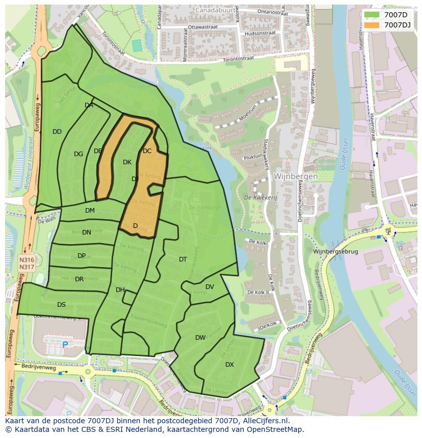 Afbeelding van het postcodegebied 7007 DJ op de kaart.
