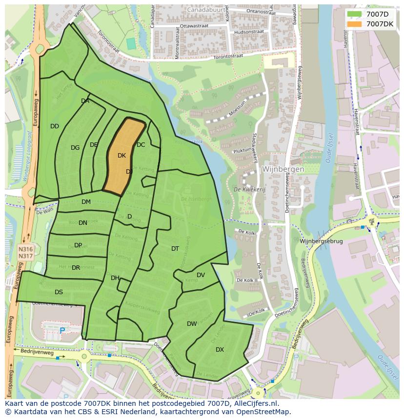 Afbeelding van het postcodegebied 7007 DK op de kaart.
