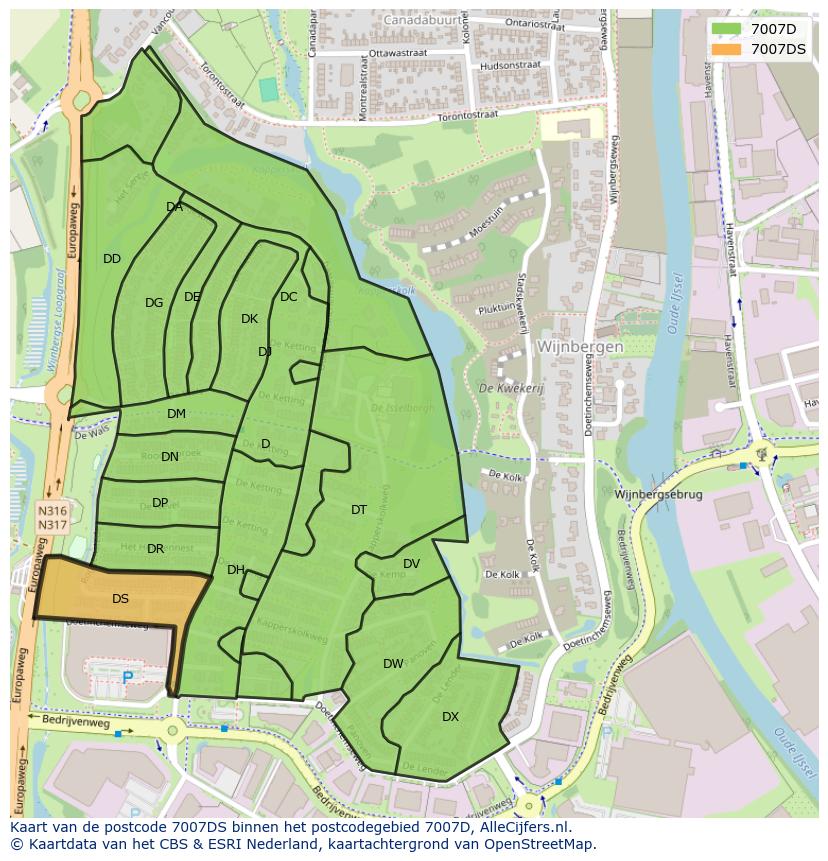 Afbeelding van het postcodegebied 7007 DS op de kaart.