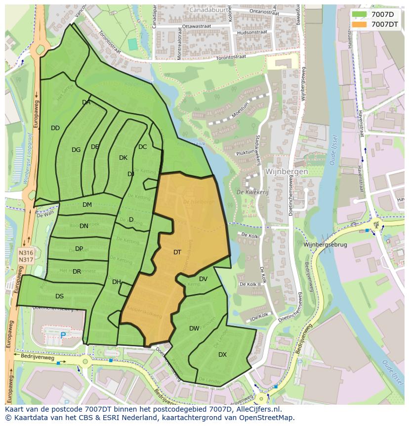 Afbeelding van het postcodegebied 7007 DT op de kaart.