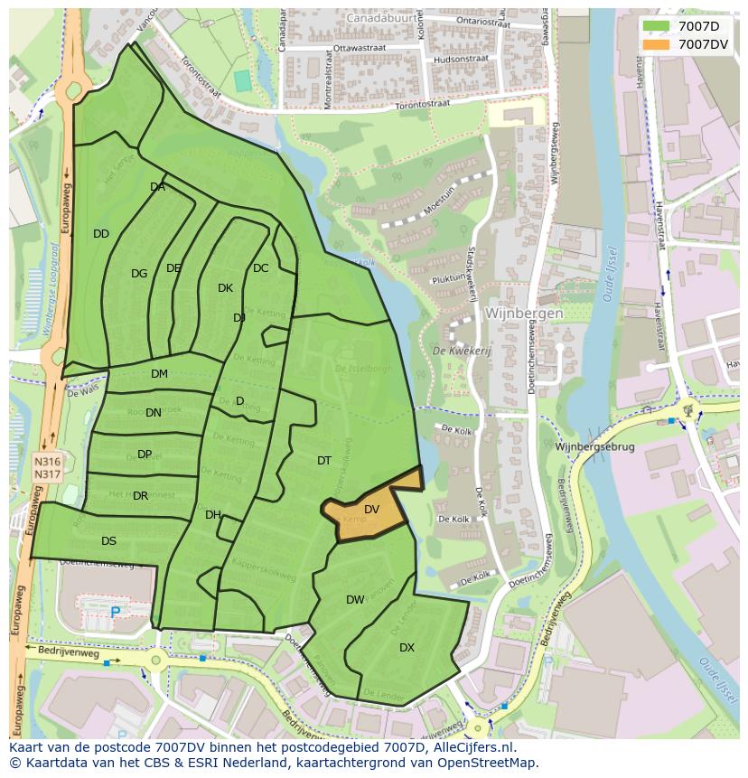 Afbeelding van het postcodegebied 7007 DV op de kaart.
