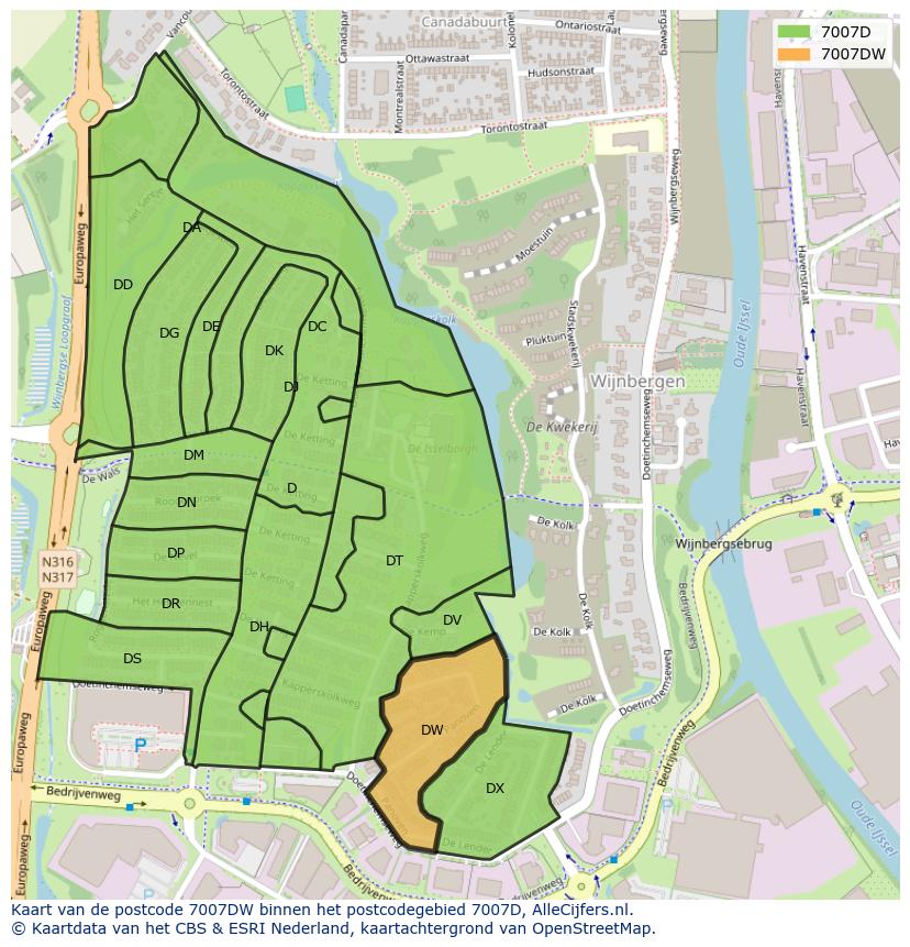 Afbeelding van het postcodegebied 7007 DW op de kaart.