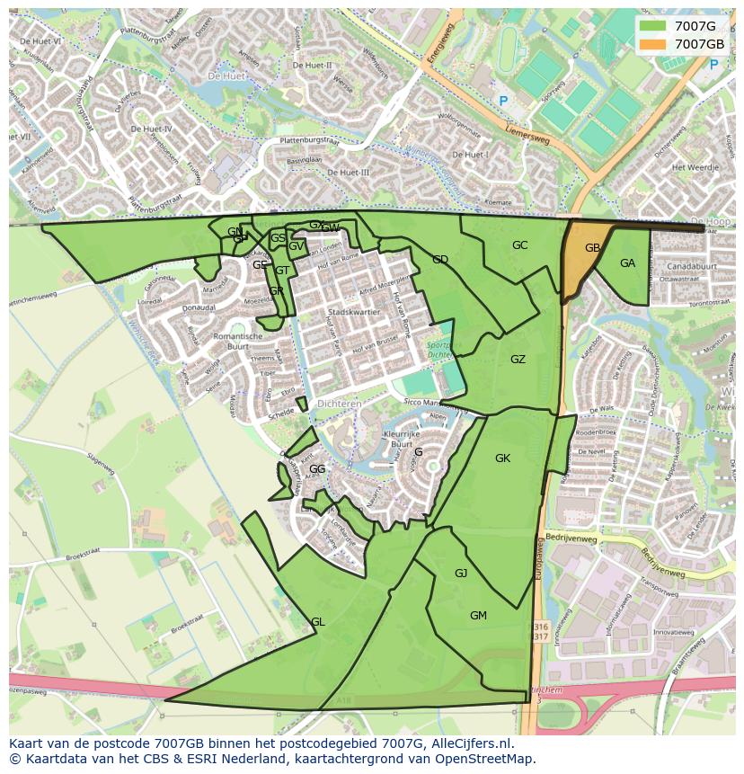 Afbeelding van het postcodegebied 7007 GB op de kaart.