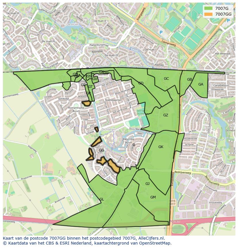 Afbeelding van het postcodegebied 7007 GG op de kaart.