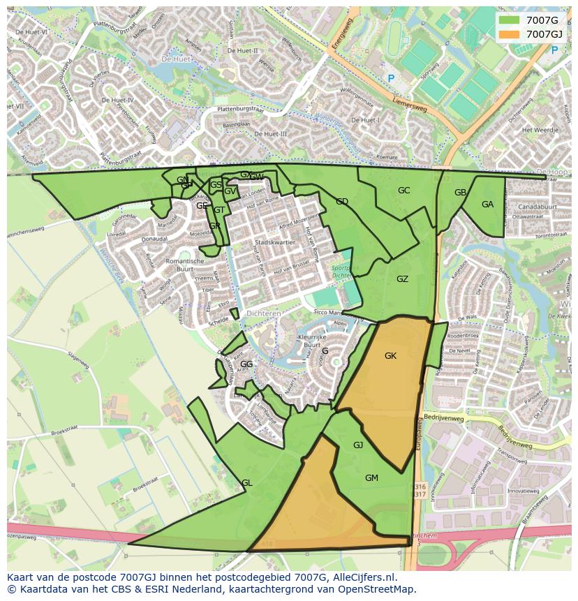 Afbeelding van het postcodegebied 7007 GJ op de kaart.