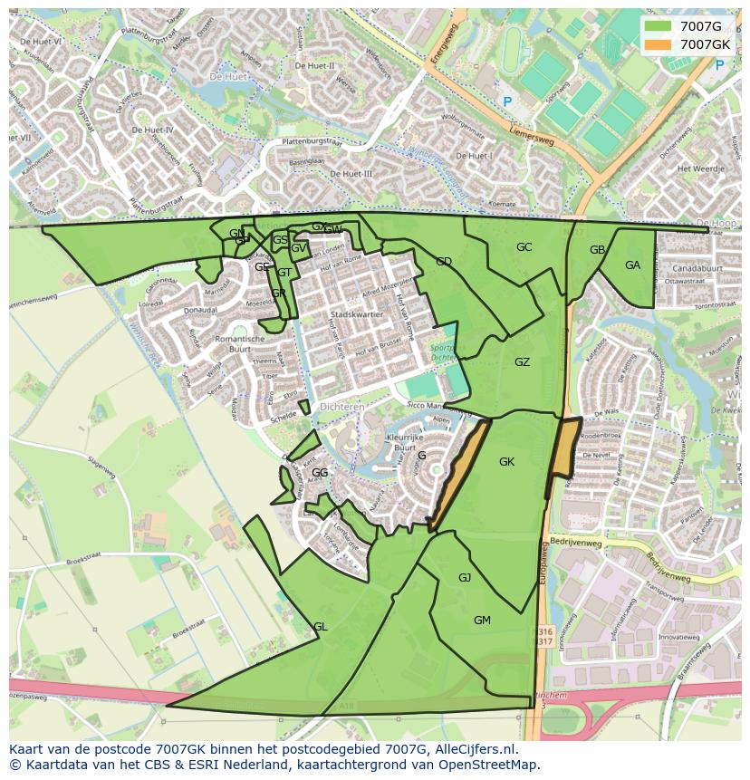 Afbeelding van het postcodegebied 7007 GK op de kaart.