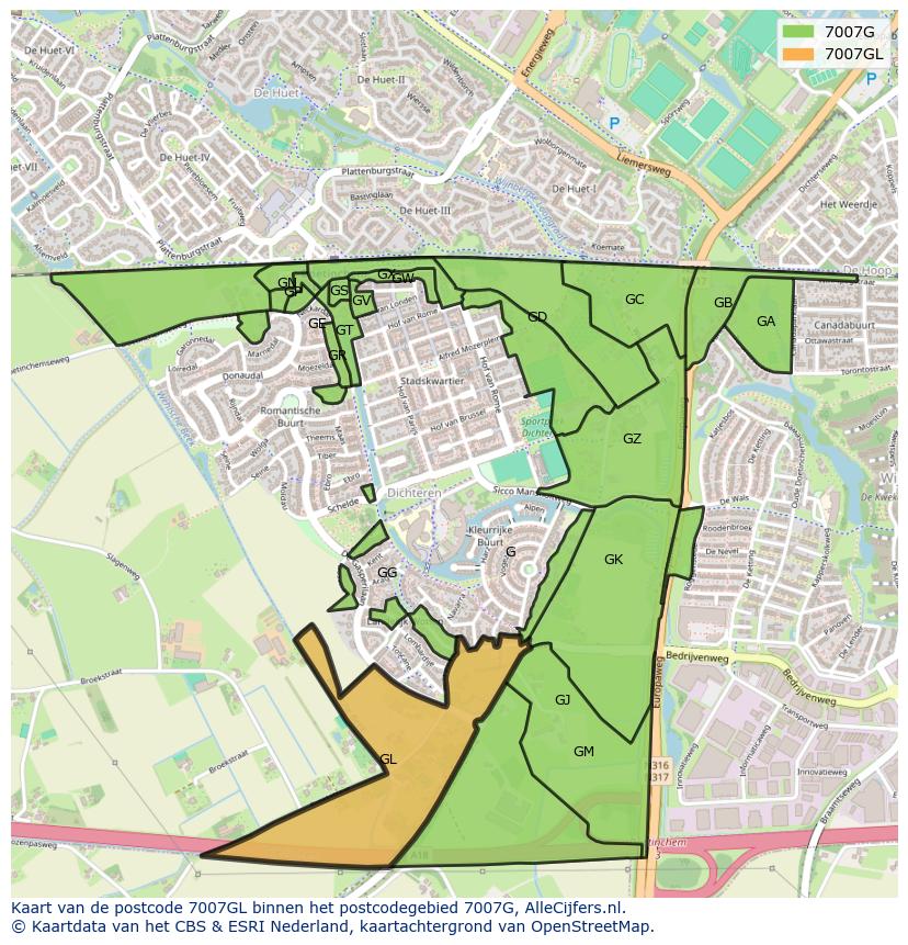 Afbeelding van het postcodegebied 7007 GL op de kaart.