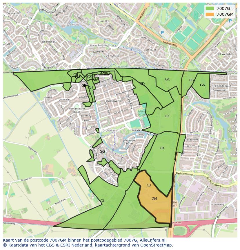 Afbeelding van het postcodegebied 7007 GM op de kaart.