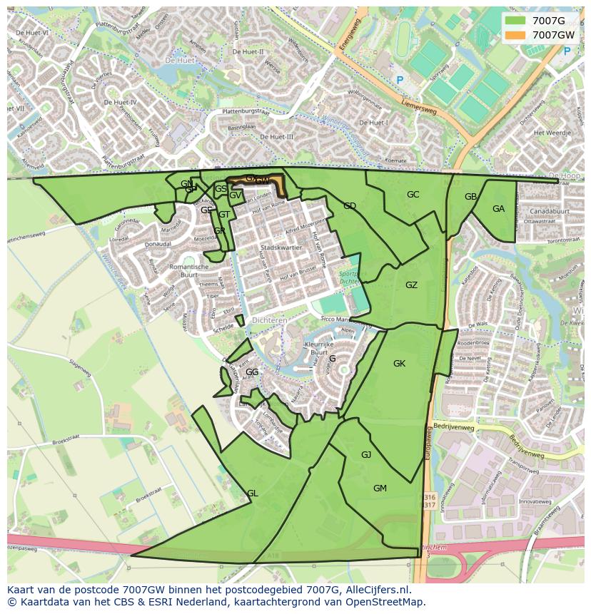 Afbeelding van het postcodegebied 7007 GW op de kaart.