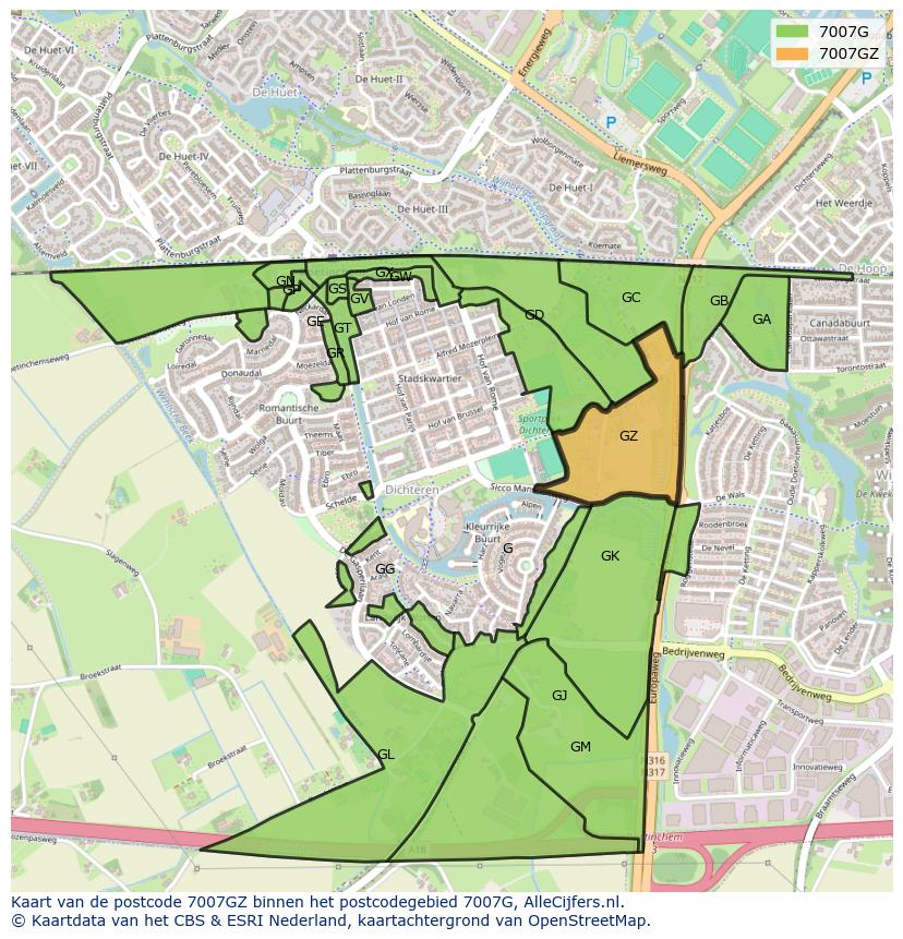 Afbeelding van het postcodegebied 7007 GZ op de kaart.