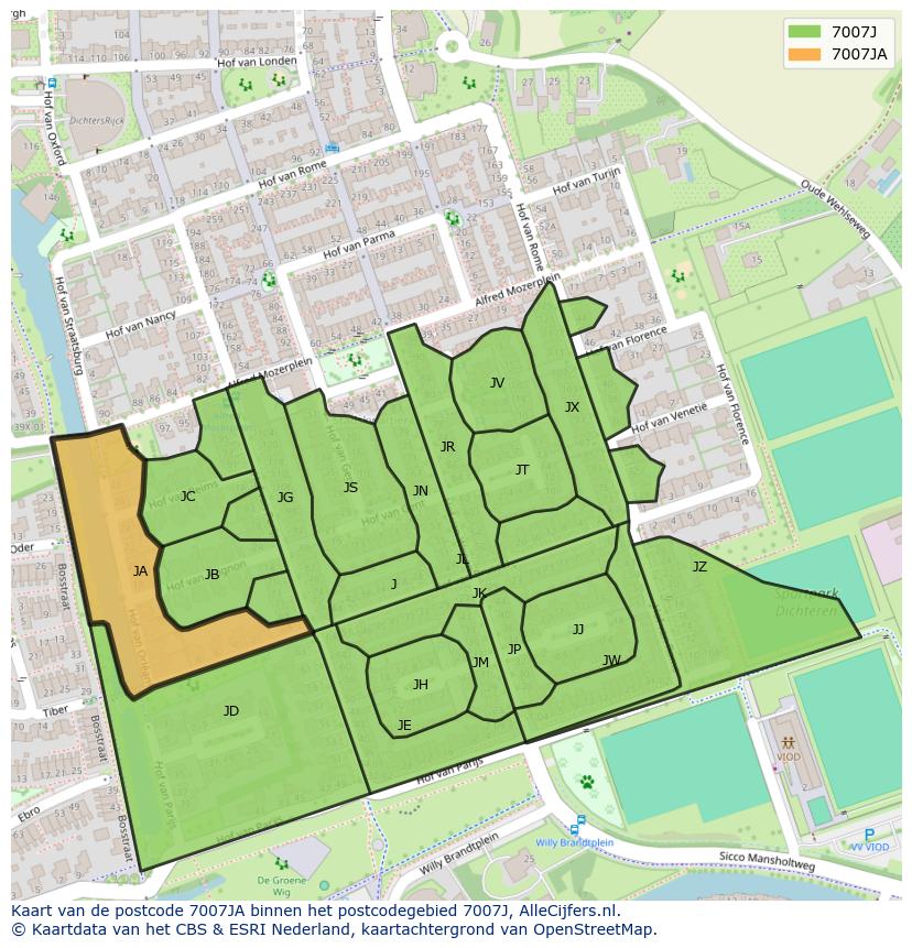Afbeelding van het postcodegebied 7007 JA op de kaart.