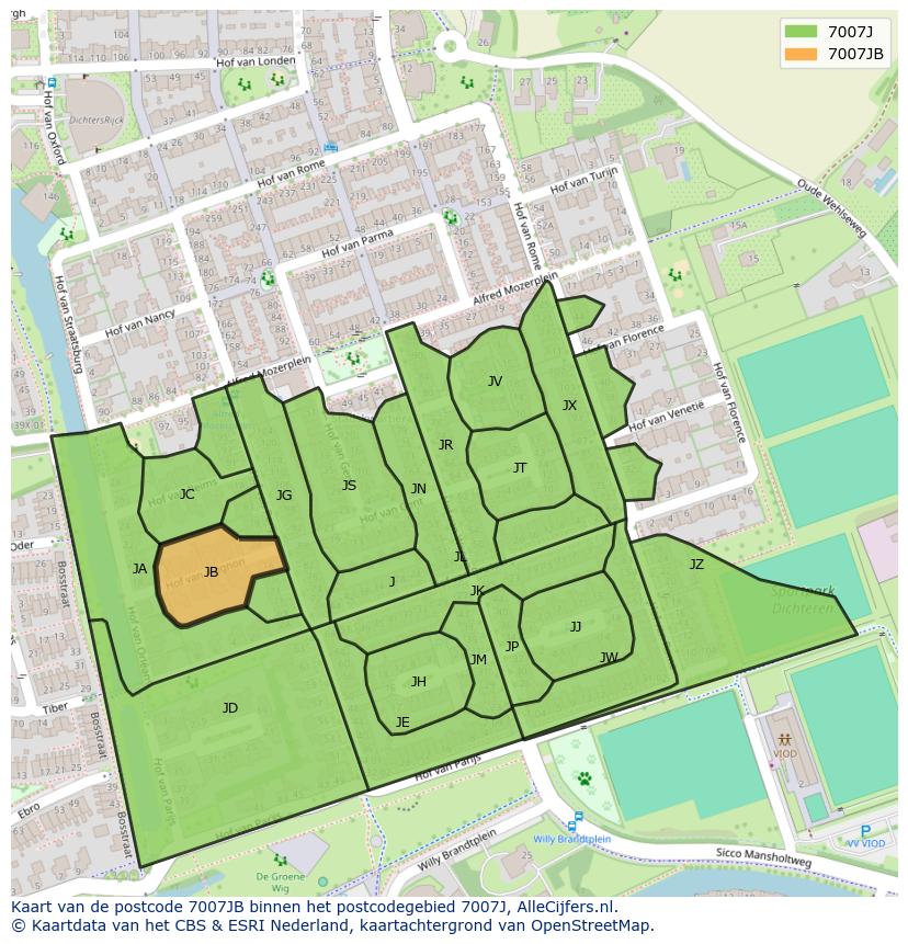 Afbeelding van het postcodegebied 7007 JB op de kaart.