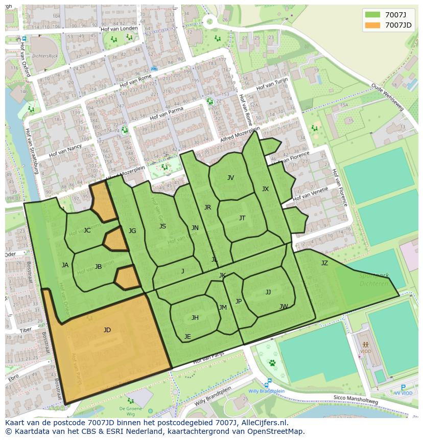 Afbeelding van het postcodegebied 7007 JD op de kaart.