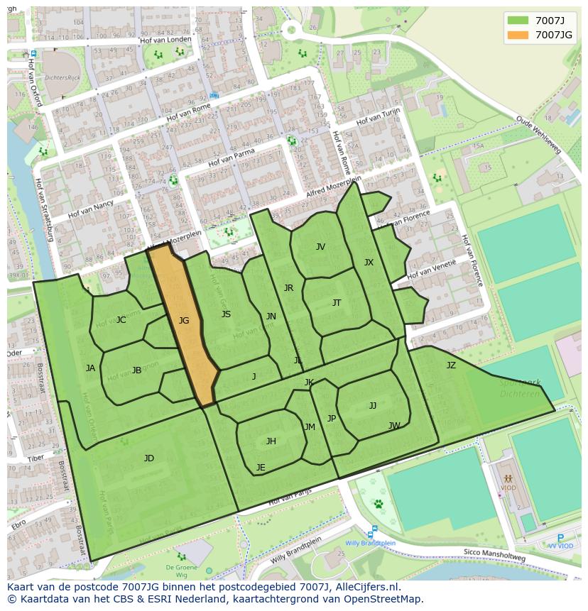 Afbeelding van het postcodegebied 7007 JG op de kaart.
