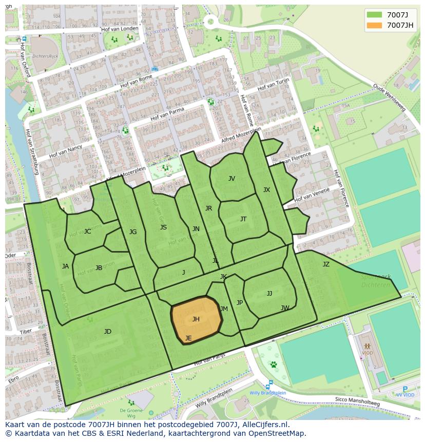 Afbeelding van het postcodegebied 7007 JH op de kaart.