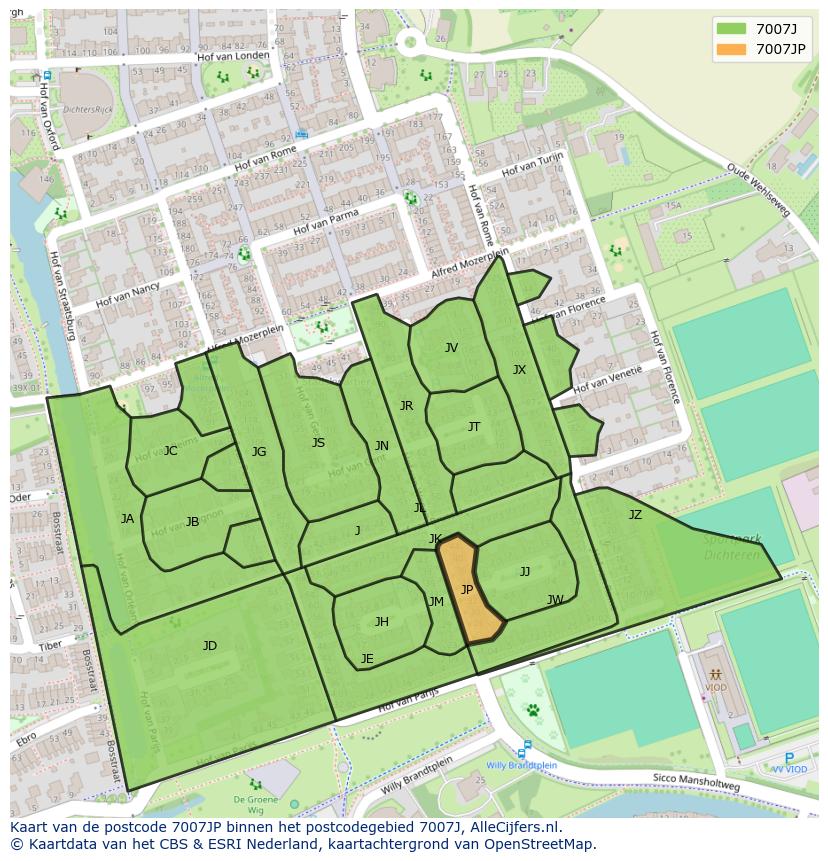 Afbeelding van het postcodegebied 7007 JP op de kaart.