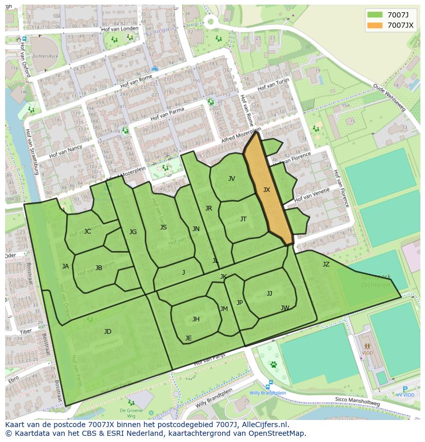 Afbeelding van het postcodegebied 7007 JX op de kaart.