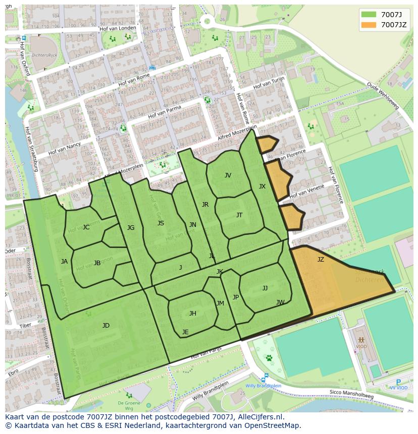 Afbeelding van het postcodegebied 7007 JZ op de kaart.