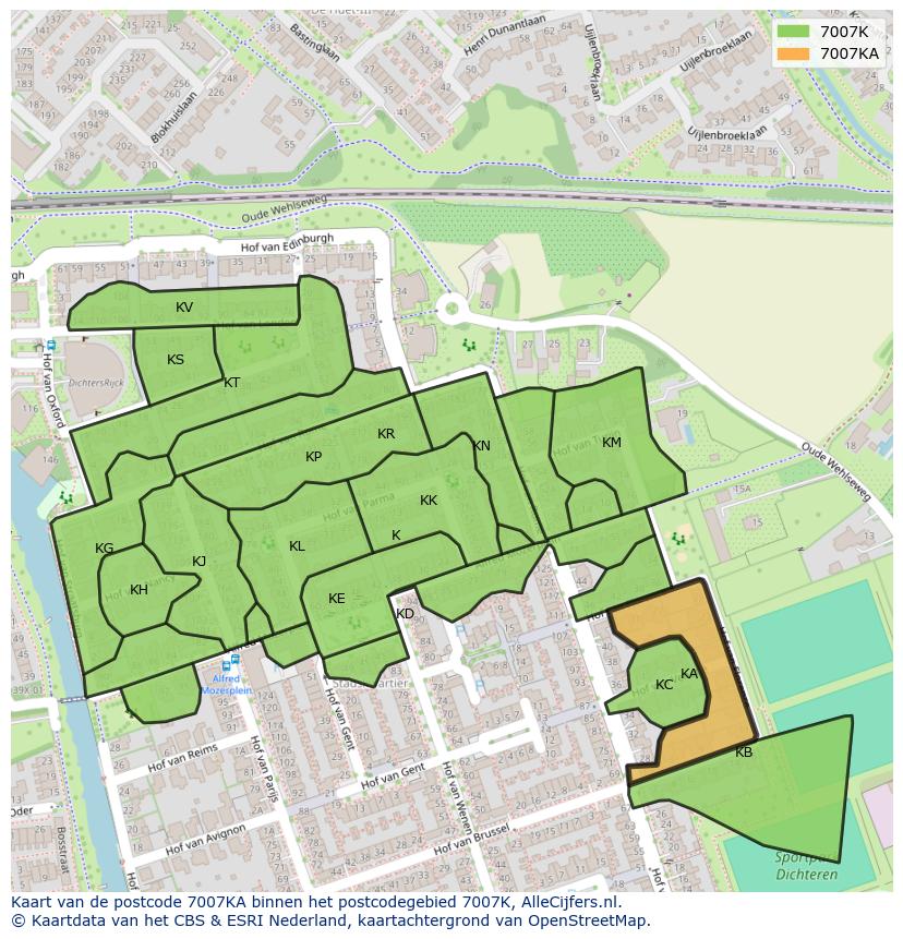 Afbeelding van het postcodegebied 7007 KA op de kaart.