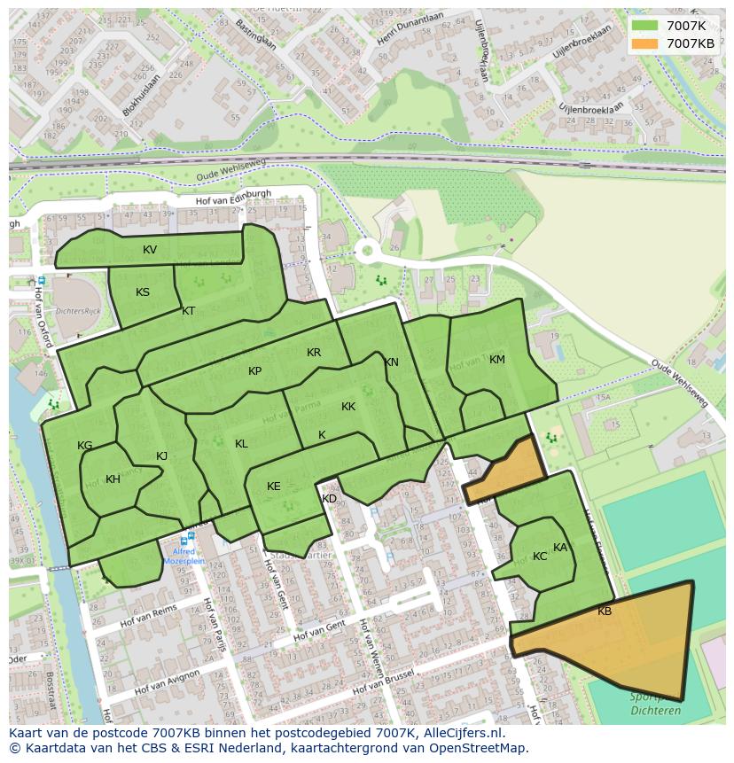 Afbeelding van het postcodegebied 7007 KB op de kaart.