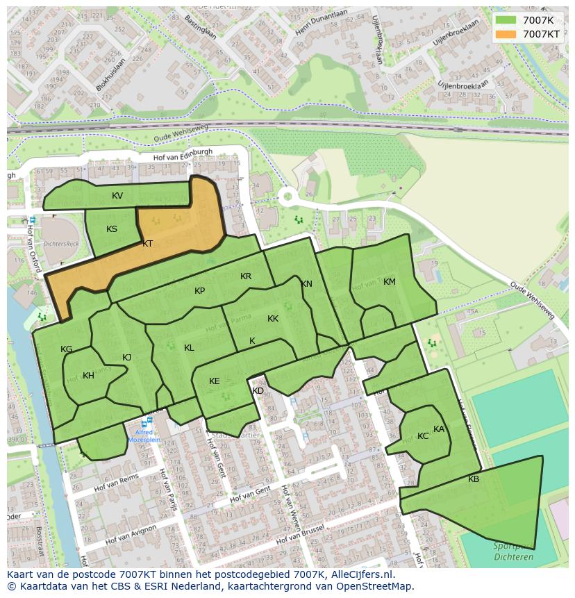 Afbeelding van het postcodegebied 7007 KT op de kaart.